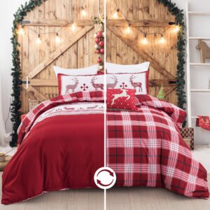 Christmas Duvet Cover Set King, Reversible Reindeer Red Plaid Comforter Cover with Zipper Closure, 3 Pieces Soft Microfiber New Year Xmas Holiday Bedding Cover Set with 2 Pillowcases