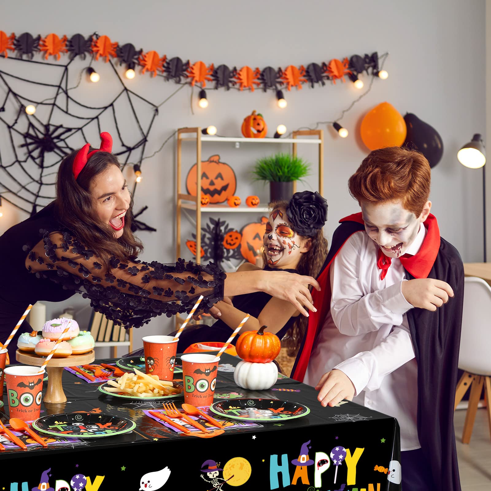 194 Pieces Halloween Party Supplies Tableware Set,Paper Dessert Plates Cups and Napkins Plastic Tablecloth Disposable Straws Knives Forks for Happy Halloween Holiday Party Decorations