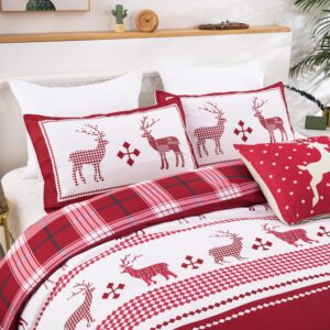 Christmas Duvet Cover Set King, Reversible Reindeer Red Plaid Comforter Cover with Zipper Closure, 3 Pieces Soft Microfiber New Year Xmas Holiday Bedding Cover Set with 2 Pillowcases