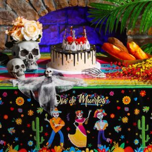 3 Pieces Day of The Dead Tablecloth Dia De Los Muertos Table Cover Halloween Sugar Skull Floral Table Cover Mexican Fiesta Plastic Tablecloth for Halloween Mexican Fiesta Party Supplies, 54 x 108 Inch