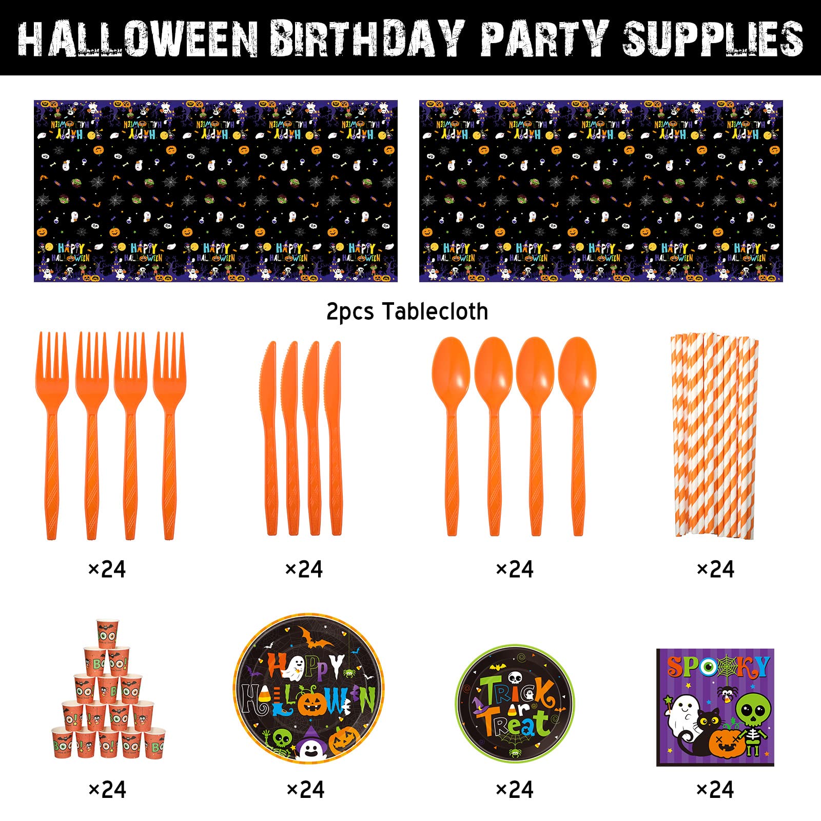 194 Pieces Halloween Party Supplies Tableware Set,Paper Dessert Plates Cups and Napkins Plastic Tablecloth Disposable Straws Knives Forks for Happy Halloween Holiday Party Decorations