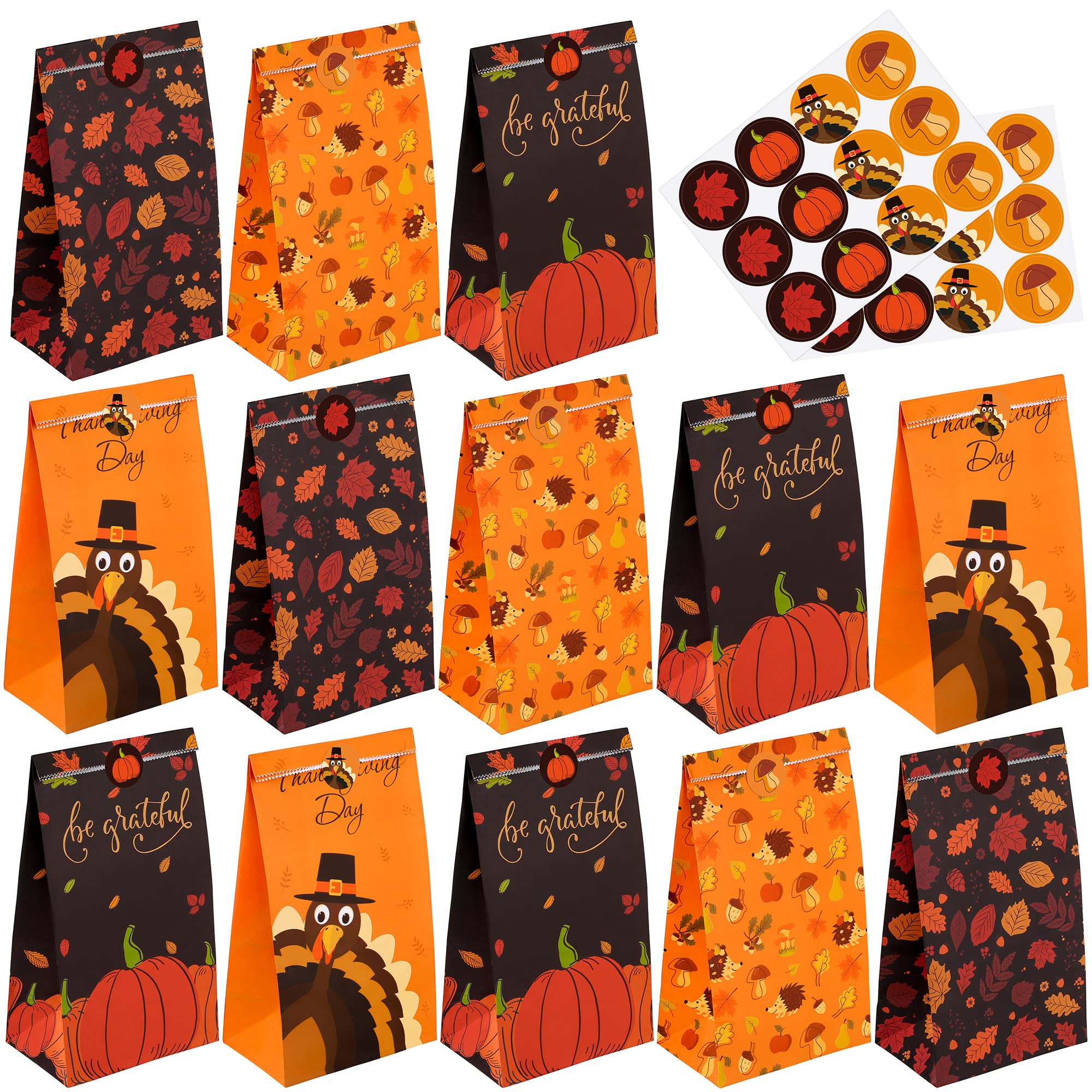 durony 24 Pieces Thanksgiving Day Gift Bags Thanksgiving Paper Party Favor Bags Thanksgiving Treat Bags with Round Stickers Thank You Gift Bags Goodie Bags for Fall Thanksgiving Party Favors