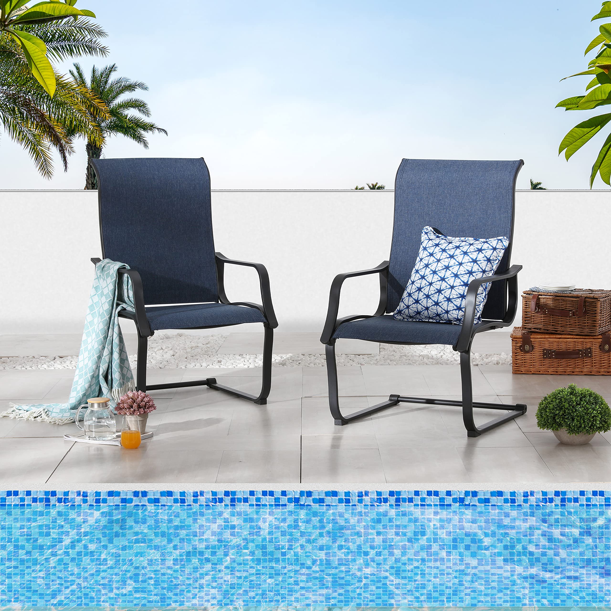 LOKATSE HOME 2 Pieces Patio Dining Armchairs Metal Set for Garden Backyard Poolside, Blue