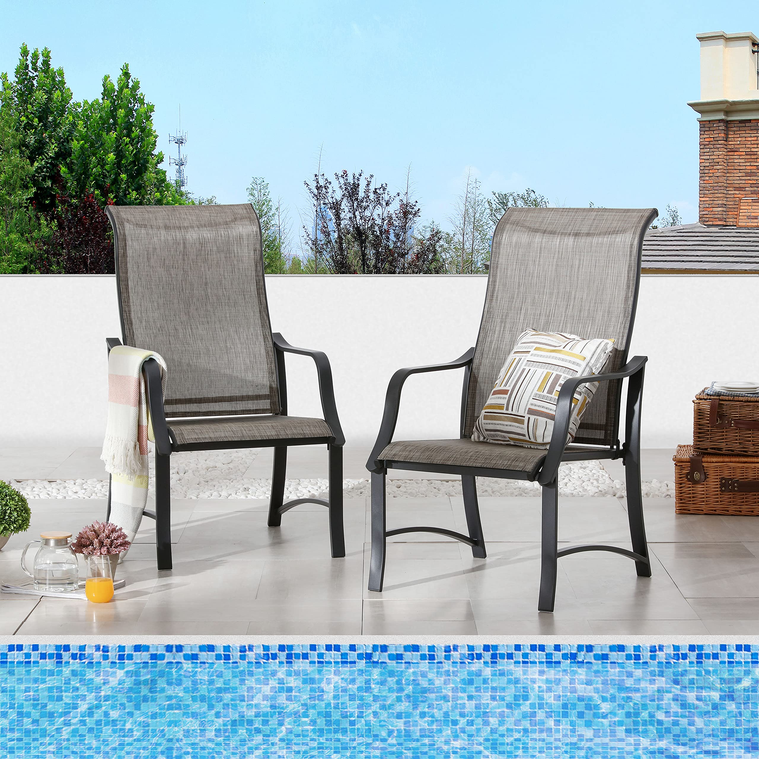 LOKATSE HOME Dining Chairs with High Backrest Outdoor Metal Furniture for Garden Patio Pool Yard, Grey