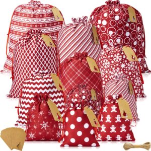 12 pcs christmas fabric gift bags with drawstring, red and white christmas gift bags reusable fabric bags gift wrap bags and 12 kraft tags for xmas gift birthday wedding party favors (snowflake)