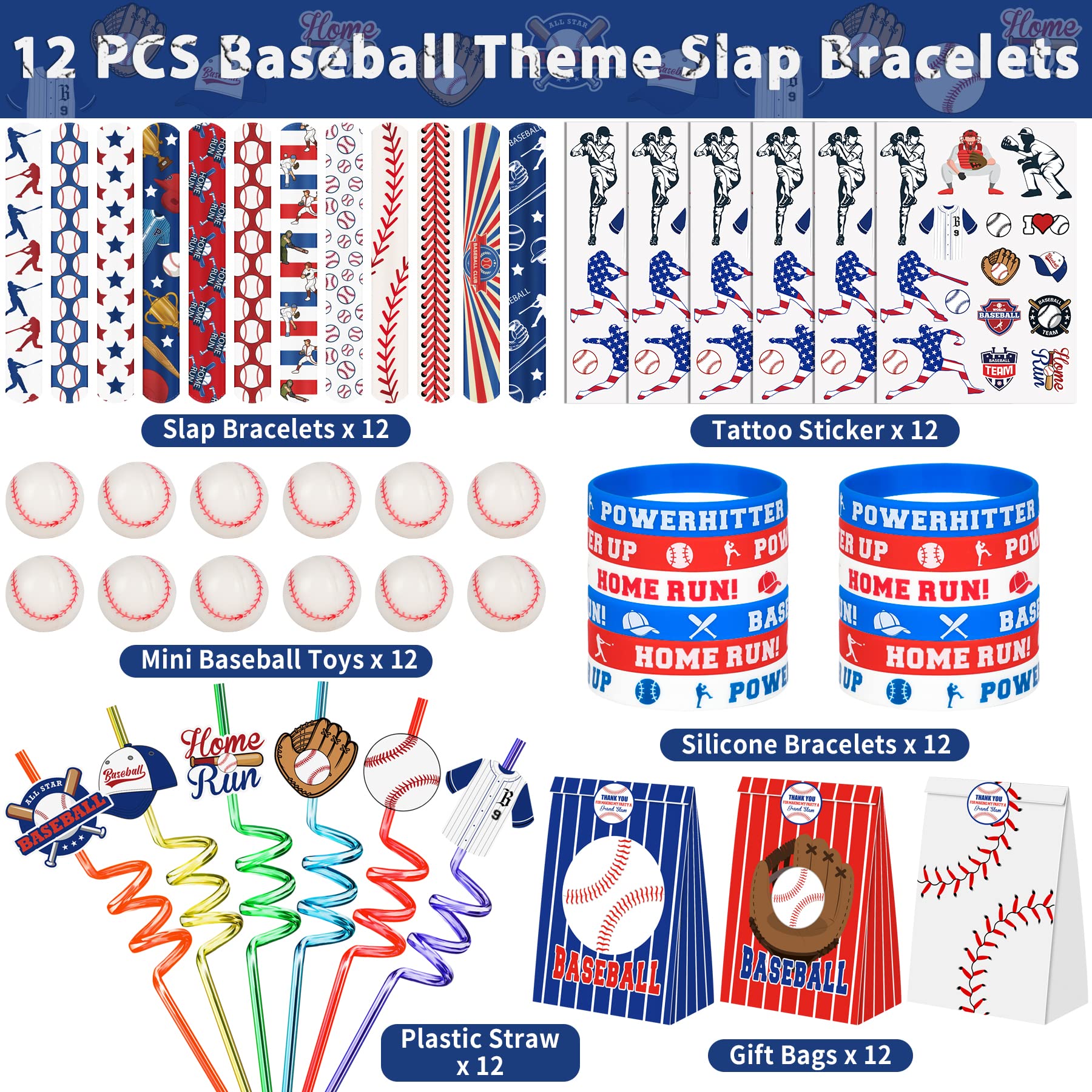 Erweicet Baseball Party Favors Set 72 PCS Baseball Slap Straws Silicone Bracelets Tattoo Stickers Mini Bouncy Balls Toy for Goodie Bag Fillers Baseball Themed Birthday Party Supplies