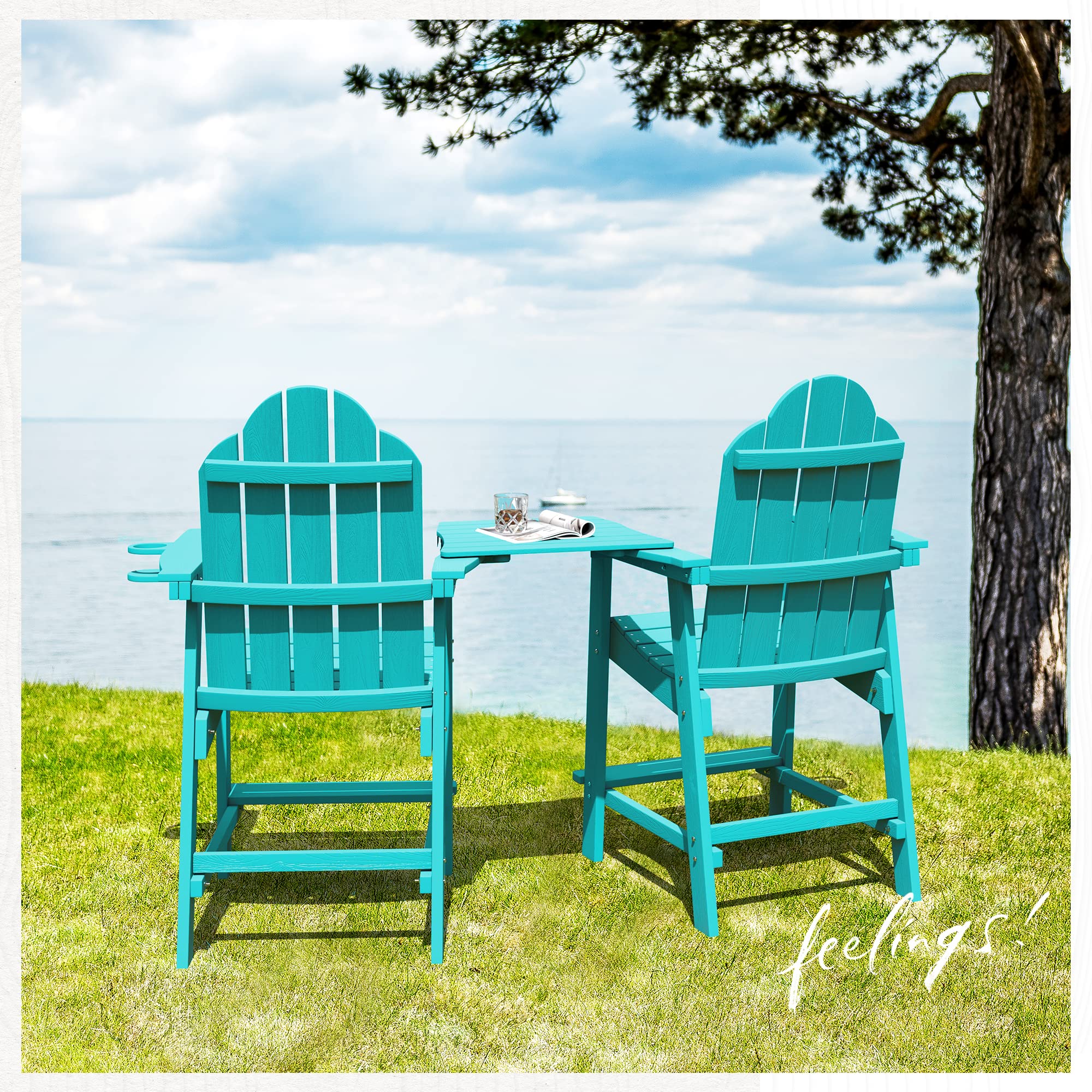 LUE BONA Tall Adirondack Chairs Set of 2, Recycled Poly Adirondack Chair Bar stools with Cup Holder, 25.6", 300Lbs, Eco-Friendly, Weather Resistant Lifeguard Chair for Balcony,Deck