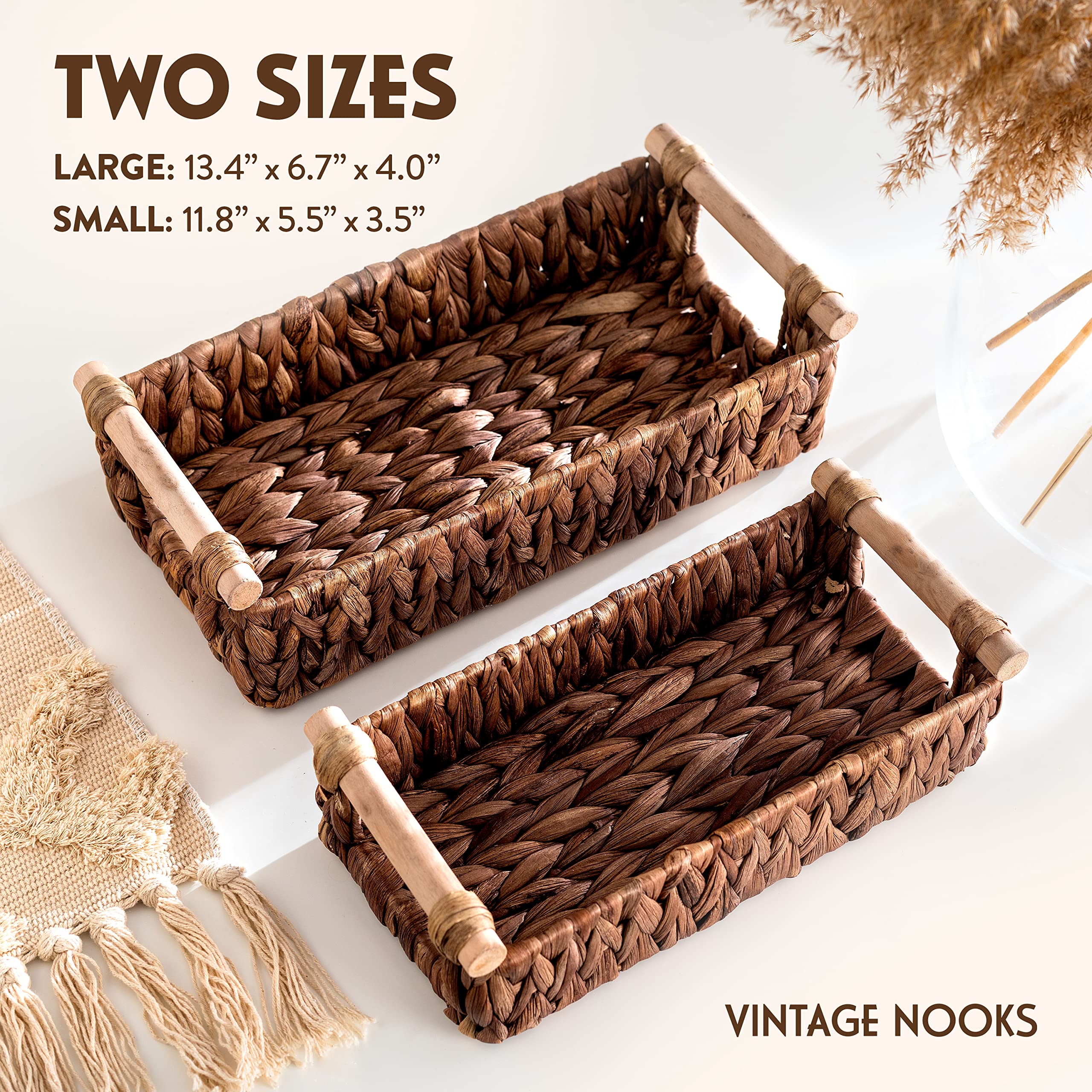 Toilet Paper Basket for Back of Toilet - Set of Two Small, Wicker, Hyacinth Bathroom Baskets for Toilet Paper and Towel Storage (Color: Medium Brown)