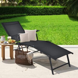 Tangkula Folding Lounge Chair Outdoor, Recliner Chaise Lounge with 5-Position Adjustable Backrest & 2-Position Footrest, No Assembly Required, Suitable for Patio Poolside Beach Yard (1, Black)