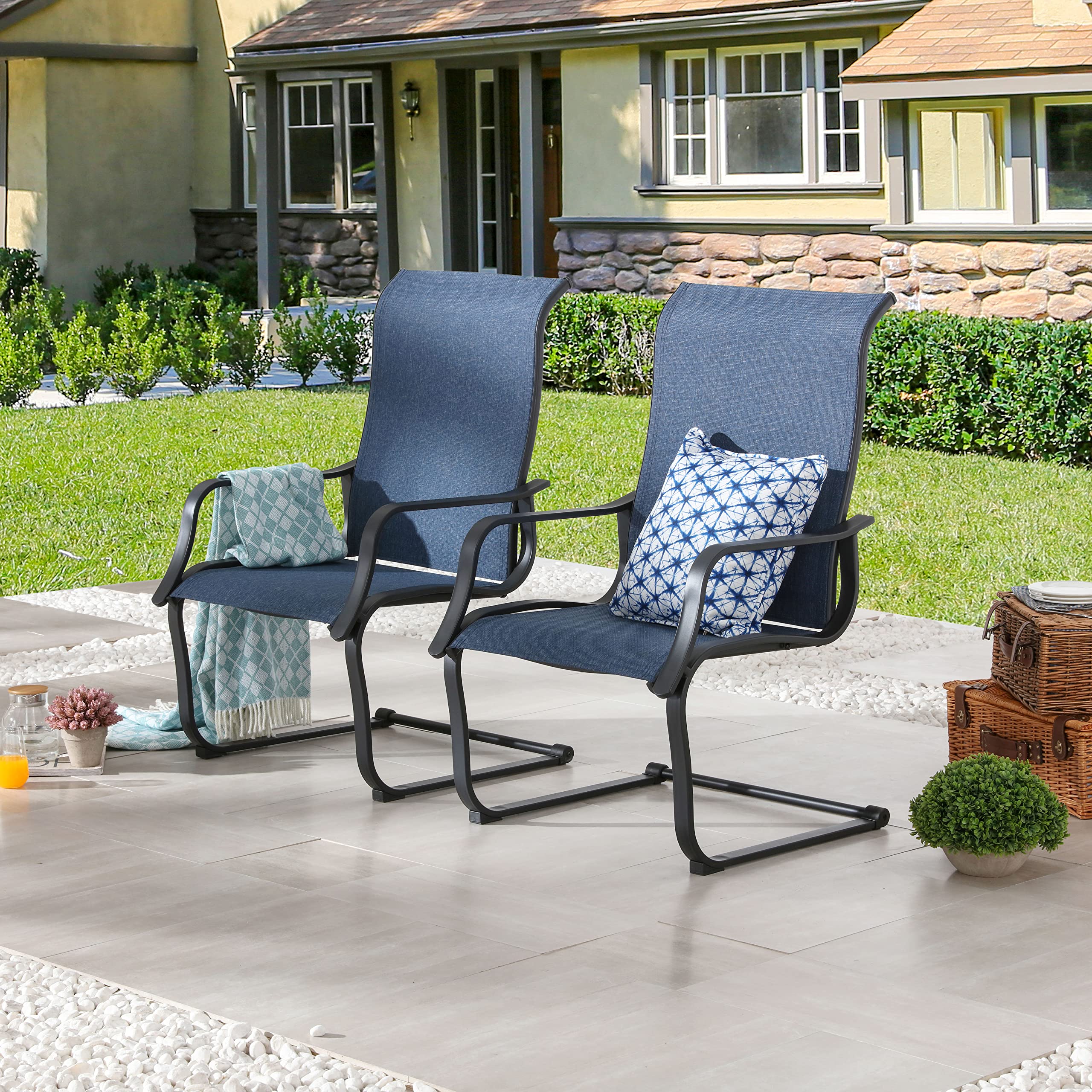 LOKATSE HOME 2 Pieces Patio Dining Armchairs Metal Set for Garden Backyard Poolside, Blue