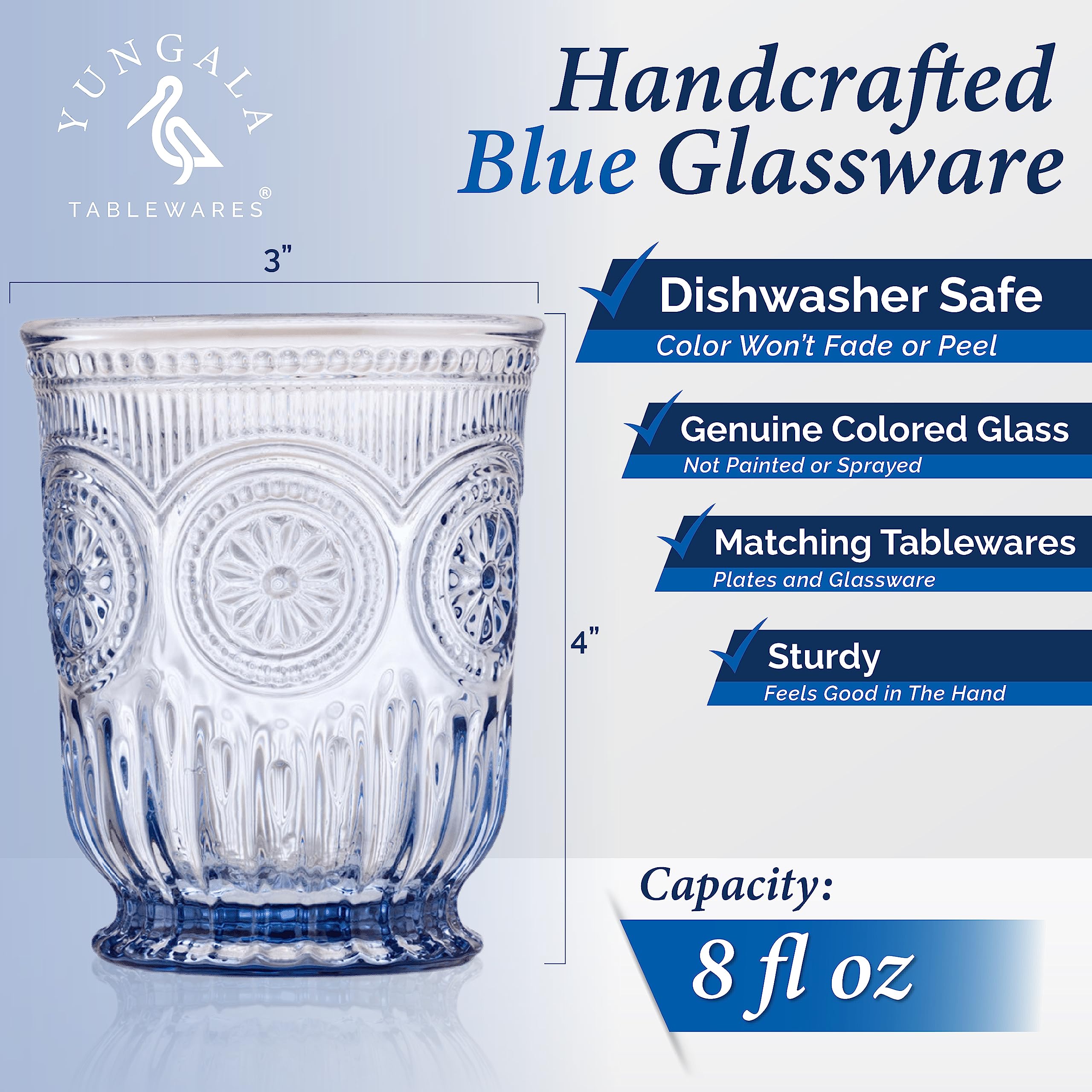 Yungala Blue Glass Tumblers set of 6 Highball glasses, Dishwasher Safe Blue Glassware made from Blue Glass, 6 colored drinking glasses