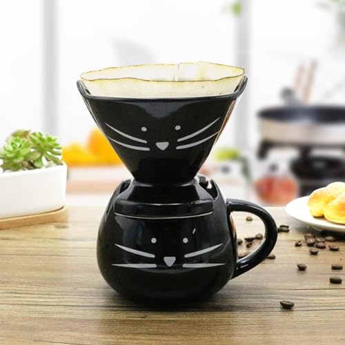 Koolkatkoo Pour Over Coffee Dripper Non-Electric Pour Over Coffee Maker Easy Manual Coffee Drip Single Cups Ceramic Brewing Accessories Coffee Gifts Cat Lovers Gifts Coffee Lovers Gifts Black