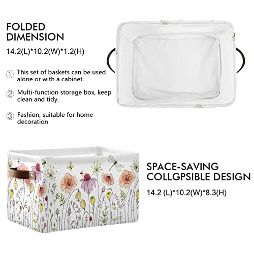 xigua Colorful Wildflowers Square Storage Basket,Collapsible Sturdy Fabric Storage Basket Cube W/Handles for Clothes Toy Closet(2 pcs)