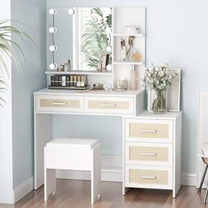 maupvit rattan vanity desk with mirror and lights, boho makeup vanity table set with nightstand, 5 drawers & 10 bulbs, metal silver handle, 3 open shelves, dressing table with cushioned stool (white)