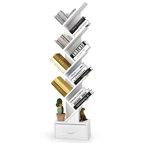 Tangkula 10 Tier Tree Bookshelf with Drawer, Floor Standing Storage Rack for CDs, Movies & Books, Display Utility Shelves for Bedroom, Living Room & Home Office (White, 10 Tier)