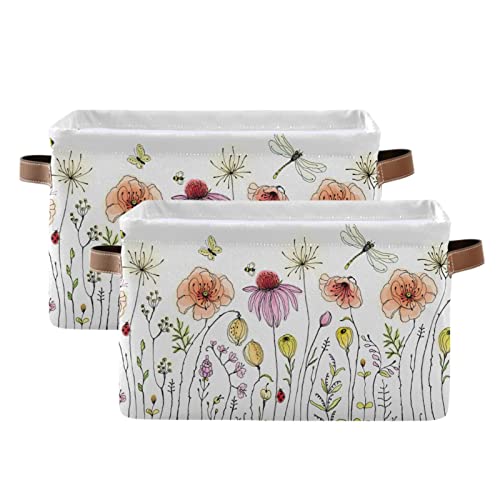 xigua Colorful Wildflowers Square Storage Basket,Collapsible Sturdy Fabric Storage Basket Cube W/Handles for Clothes Toy Closet(2 pcs)