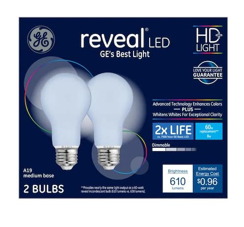 GE Lighting GE Reveal LED Light Bulbs, 2X Life, 8 Watt (60 Equivalent) HD+ Light, Standard Bulb Shape, Medium Base, Dimmable (2 Pack)