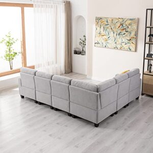 Aeffze Modular Sectional Sofa with Storage Ottoman L-Shaped 6 Seater Velvet Fabric Couch Contemporary Modern Corner Sofa Convertible Reversible Upholstered Couch for Living Room (Light Grey)