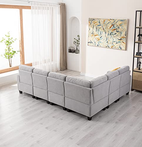 Aeffze Modular Sectional Sofa with Storage Ottoman L-Shaped 6 Seater Velvet Fabric Couch Contemporary Modern Corner Sofa Convertible Reversible Upholstered Couch for Living Room (Light Grey)