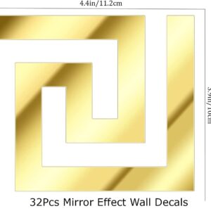 Lubise 32Pcs Gold DIY Mirror Stickers Removable Adhensive Wall Stickers Decals for Home Art Room Bedroom Background Decoration (Geometric Greek Key Pattern)