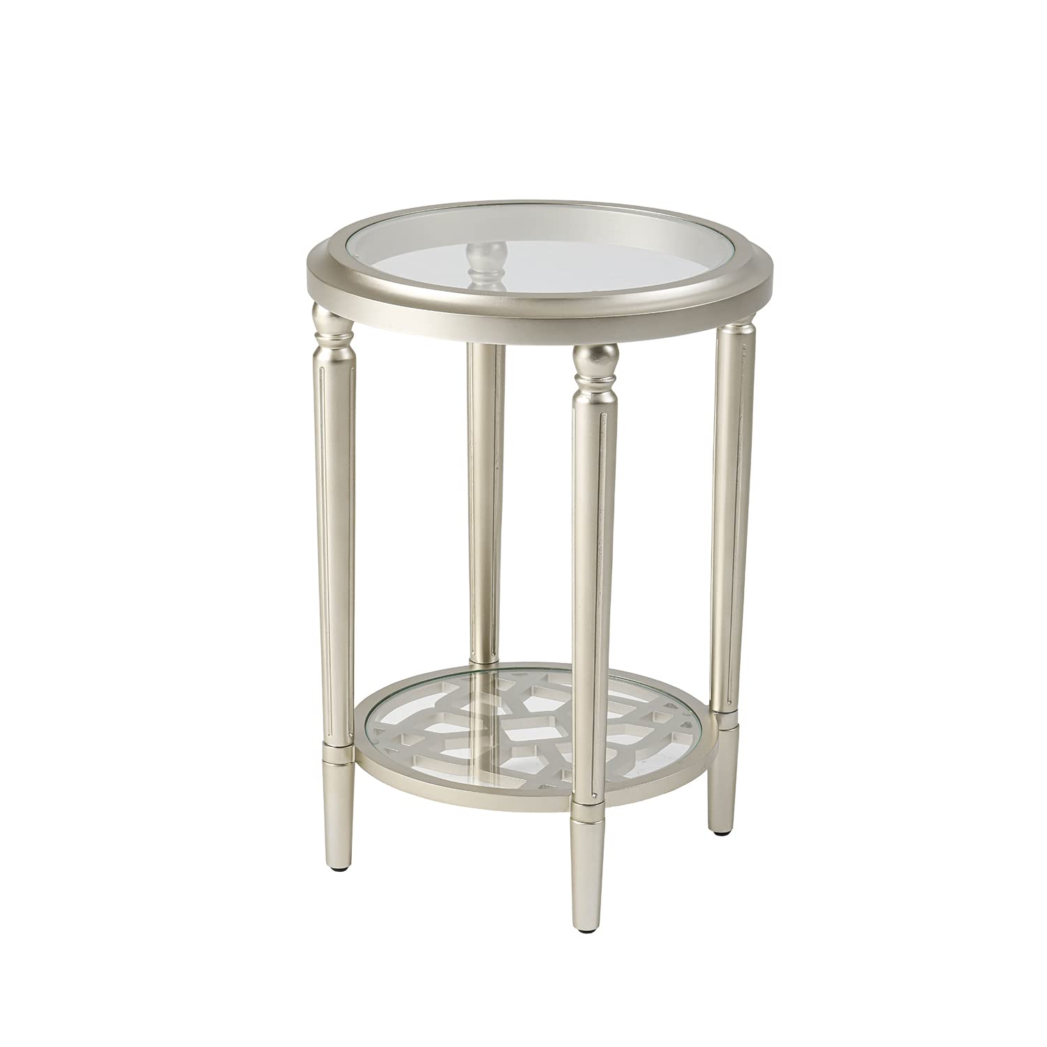 HOMPUS Modern End Table w Glass Top & Glass Shlef, 2 Tier Round Nightstand w Shlef, Wood Side Table Glass Small Accent Table for Living Room, Bedroom, Champagne