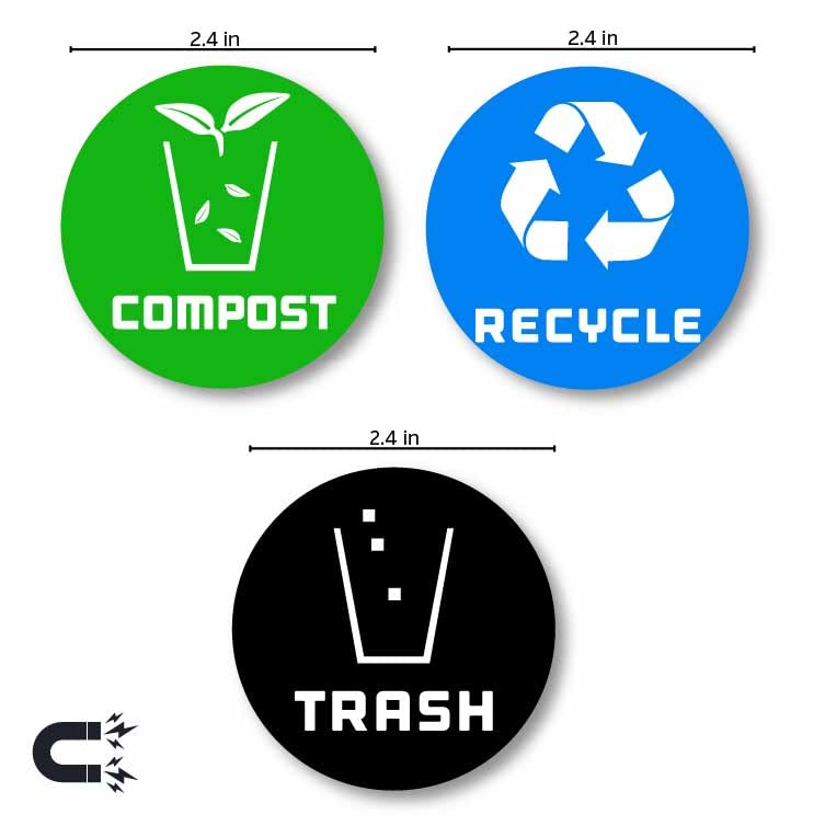 9 Recycle Compost and Trash Sticker to Organize Your Trash Cans- for Garbage containers and Recycle Bins - Premium Vinyl Decal (Compost, XSmall) (Magnetic, XSmall)