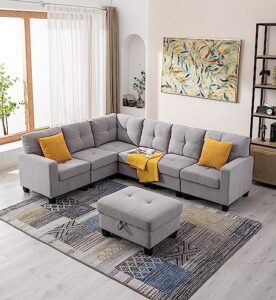 aeffze modular sectional sofa with storage ottoman l-shaped 6 seater velvet fabric couch contemporary modern corner sofa convertible reversible upholstered couch for living room (light grey)