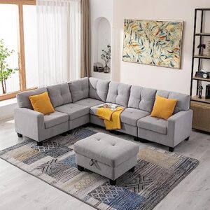 Aeffze Modular Sectional Sofa with Storage Ottoman L-Shaped 6 Seater Velvet Fabric Couch Contemporary Modern Corner Sofa Convertible Reversible Upholstered Couch for Living Room (Light Grey)