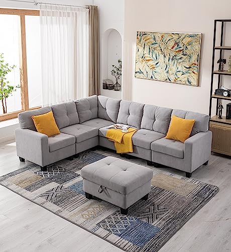 Aeffze Modular Sectional Sofa with Storage Ottoman L-Shaped 6 Seater Velvet Fabric Couch Contemporary Modern Corner Sofa Convertible Reversible Upholstered Couch for Living Room (Light Grey)