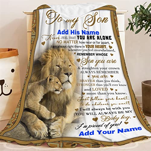 Personalized to My Son Blanket from Mom Dad 60x80 Inches Lightweight Flannel Throws Custom Name Gift for Boy Men Super Soft Comfy Lion Blankets Birthday Christmas Decor Couch Sofa