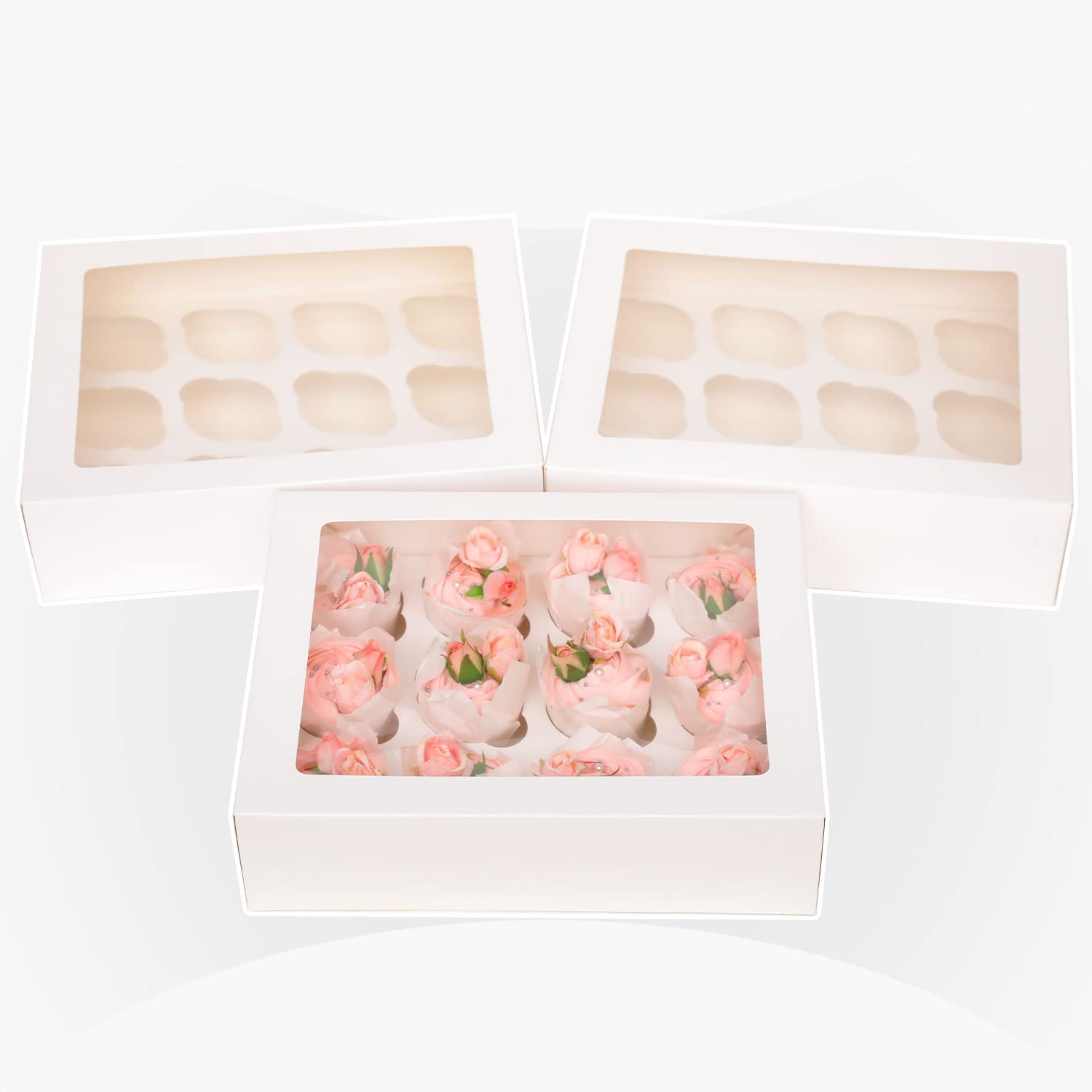 12 Cupcake Containers 20-Packs White Cupcake Box Cupcakes Carrier, 12 Cupcake Boxes with Window 13"x10"x3.5"（Auto-pop up）