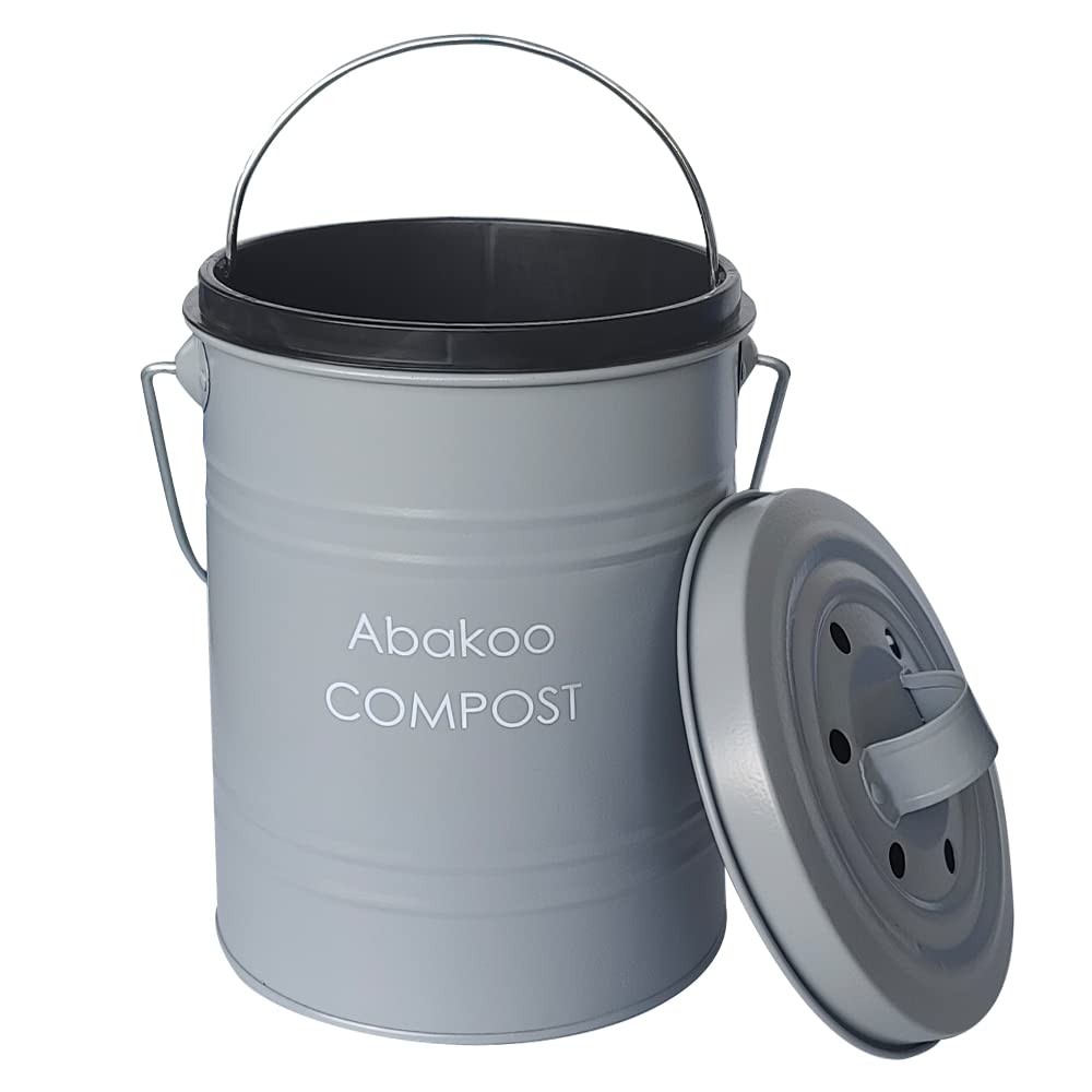 Abakoo Stainless Steel Compost Bin - Premium Grade 304 Stainless Steel Kitchen Composter - Includes 4 Charcoal Filter, Indoor Countertop Kitchen Recycling Bin Pail (1.0 Gallon (Galvanized))