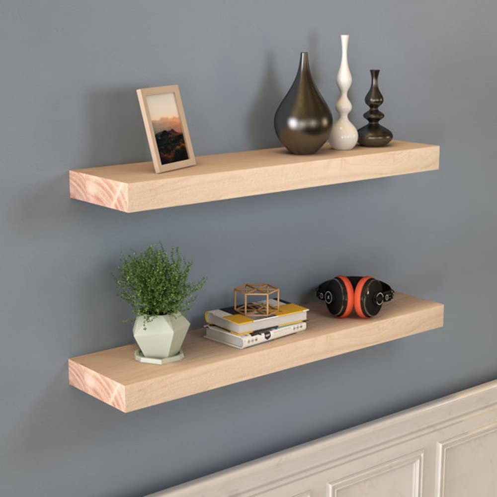 Elegant 2 Piece Rectangle Shape Decor & Organizer, Rustic Style Solid Wood Floating Shelves with Invisible Brackets Size: 1.57"H x 16"W x 6"D | Natural Brown Modern Design Durable & Easy Installation