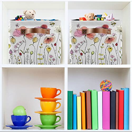 xigua Colorful Wildflowers Square Storage Basket,Collapsible Sturdy Fabric Storage Basket Cube W/Handles for Clothes Toy Closet(2 pcs)