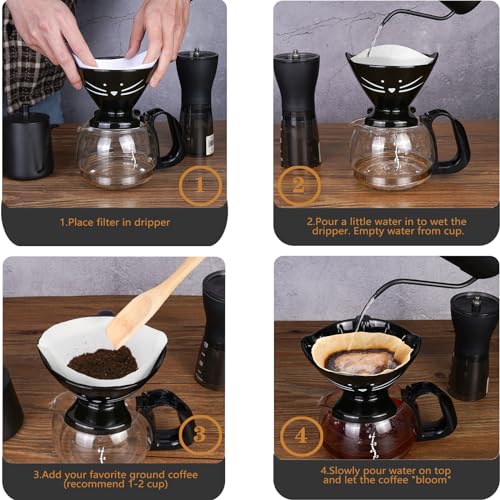 Koolkatkoo Pour Over Coffee Dripper Non-Electric Pour Over Coffee Maker Easy Manual Coffee Drip Single Cups Ceramic Brewing Accessories Coffee Gifts Cat Lovers Gifts Coffee Lovers Gifts Black