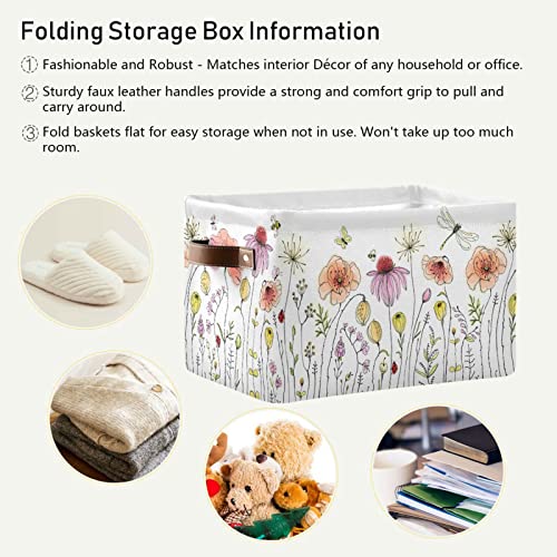 xigua Colorful Wildflowers Square Storage Basket,Collapsible Sturdy Fabric Storage Basket Cube W/Handles for Clothes Toy Closet(2 pcs)