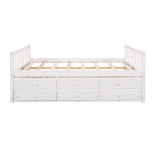 Harper & Bright Designs Full Size Daybed with Twin Size Trundle and 3 Storage Drawers, Wood Full Captain’s Bed with Trundle Bed, Full Platform Bed Great for Kids Guests Sleepovers (White)