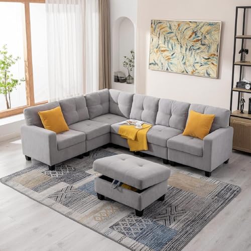 Aeffze Modular Sectional Sofa with Storage Ottoman L-Shaped 6 Seater Velvet Fabric Couch Contemporary Modern Corner Sofa Convertible Reversible Upholstered Couch for Living Room (Light Grey)