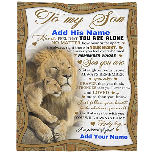 Personalized to My Son Blanket from Mom Dad 60x80 Inches Lightweight Flannel Throws Custom Name Gift for Boy Men Super Soft Comfy Lion Blankets Birthday Christmas Decor Couch Sofa