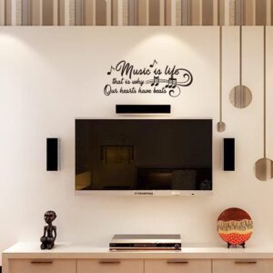 Music is Life That is why Our Hearts Have Beats Notes Music Score Instrument - Carved Black Vinyl Wall Decal Art Letters Quotes Home Decor Wall Letters Without Transparent Edge Not Printed Sticker