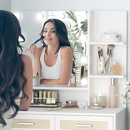 Maupvit Rattan Vanity Desk with Mirror and Lights, Boho Makeup Vanity Table Set with Nightstand, 5 Drawers & 10 Bulbs, Metal Silver Handle, 3 Open Shelves, Dressing Table with Cushioned Stool (White)