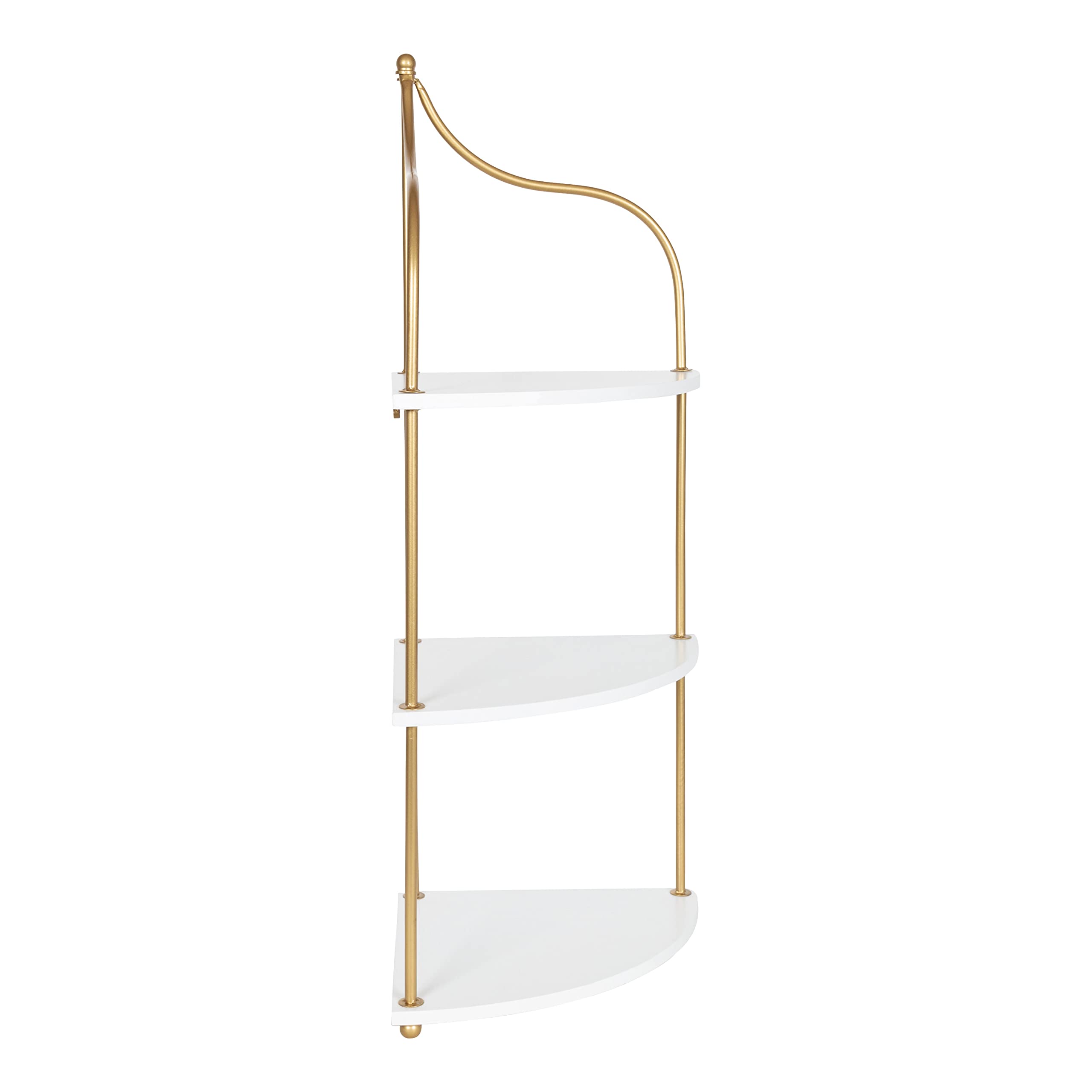 Kate and Laurel Walters Glam Wall Mounted Corner Shelf, 17 x 12 x 35, White and Gold, Decorative Three Tier Corner Wall Shelf for Storage and Display