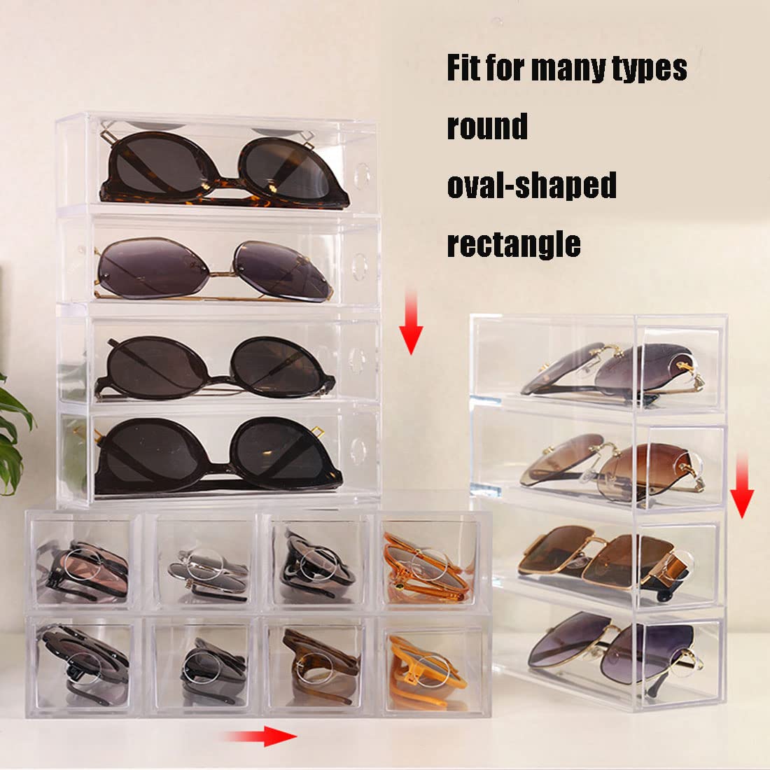 CLUQMEIK Acrylic Sunglasses Organizer with 4 Lid Drawer Organizer Rectang Supplies for Bathroom, Dorm, Desk, Countertop, Office (Transparent)