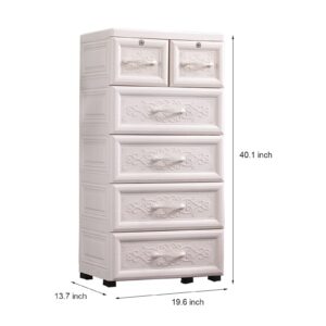 Plastic Drawers Dresser, Storage Cabinet with 6 Drawers, Closet Drawers Tall Dresser Organizer for Clothes,Playroom,Bedroom Furniture, 4 Wheels, 2 Locks, 100lbs Load Capacity(White)