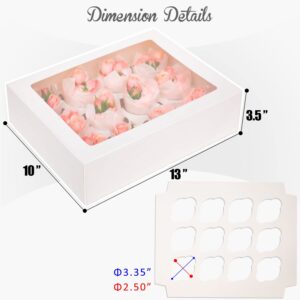 12 Cupcake Containers 20-Packs White Cupcake Box Cupcakes Carrier, 12 Cupcake Boxes with Window 13"x10"x3.5"（Auto-pop up）