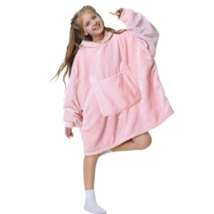 aemilas wearable blanket hoodie, oversized flannel blanket sweatshirt with hood pocket and sleeves, cozy warm plush hooded blanket for kids youth boys girls, one size fits all (light pink), big kid