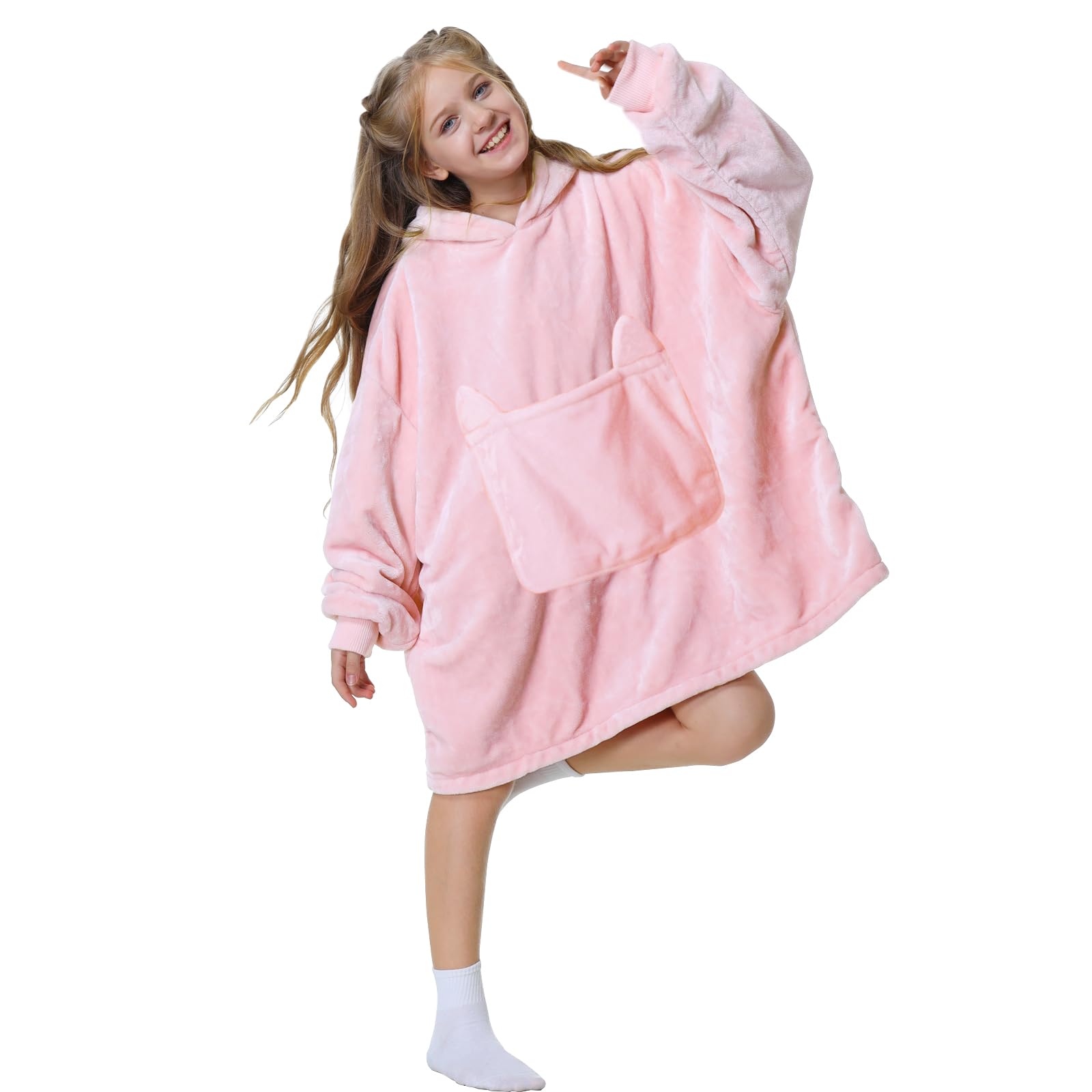 Aemilas Wearable Blanket Hoodie, Oversized Flannel Blanket Sweatshirt with Hood Pocket and Sleeves, Cozy Warm Plush Hooded Blanket for Kids Youth Boys Girls, One Size Fits All (Light Pink), Big Kid