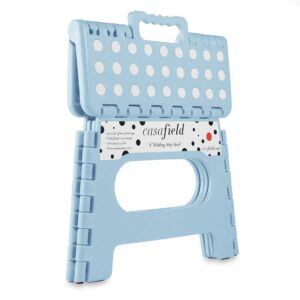 Casafield 9" Folding Step Stool with Handle (Set of 2), Light Blue - Portable Collapsible Small Plastic Foot Stool for Kids and Adults - Use in The Kitchen, Bathroom and Bedroom