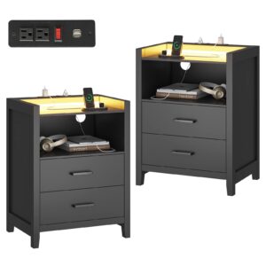 ephex led nightstands set of 2, black night stand with charging station and 2 drawers, wood end side table with usb ports, bedside table for bedroom