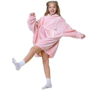 Aemilas Wearable Blanket Hoodie, Oversized Flannel Blanket Sweatshirt with Hood Pocket and Sleeves, Cozy Warm Plush Hooded Blanket for Kids Youth Boys Girls, One Size Fits All (Light Pink), Big Kid